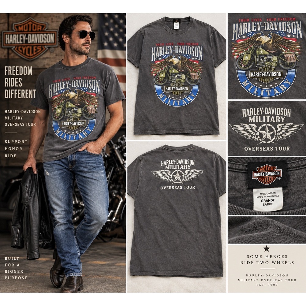 Harley Davidson Military Overseas Tour T Shirt Mens L 2019 Eagle Motorcycle Gray